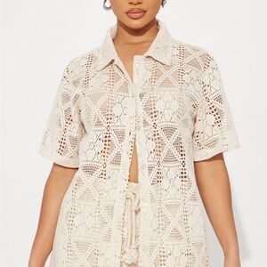 Fashion Nova Taupe Crochet 2 piece Short Set/Swim Cover-Up Size L NWT